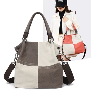 Women Large Capacity Canvas Tote Bag Color Block Shoulder Crossbody Handbag Casual Vintage Simple Fashion Zipper Pocket