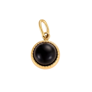 Macro detail of round black stone pendant in a twisted gold frame for DIY jewelry