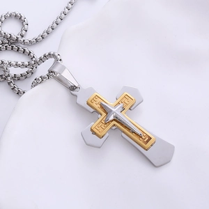 Three-layer vintage punk stainless steel cross pendant necklace in gold and silver tone