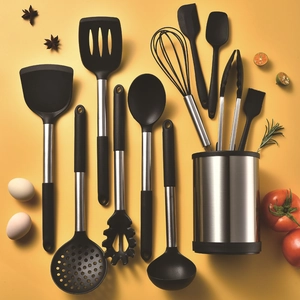 12-piece black silicone and stainless steel kitchen utensil set with storage bucket