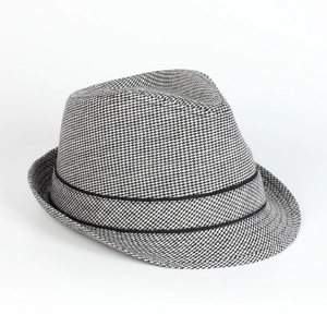 Retro houndstooth fedora hat with black ribbon trim, classic unisex gentleman jazz style
