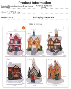 Macro detail of six glowing miniature resin snow houses for Christmas village decor