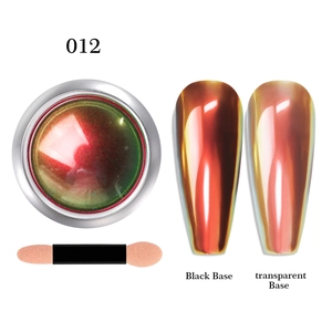Chameleon chrome nail powder 012 showing red-green shift on black and clear bases