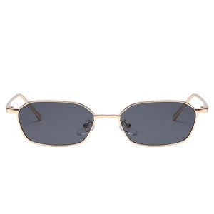 Modern hexagonal narrow frame sunglasses with golden metal rim and dark grey lenses