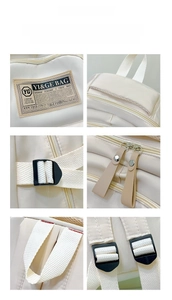 Detail view of cream backpack fabric, sturdy handles, and smooth dual zipper design