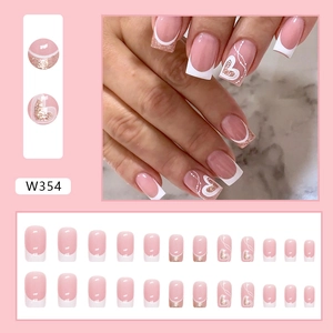 Elegant French tip fake nails with rose gold glitter heart design, square shape press-on nails
