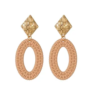 Bohemian Exaggerated Hollow Woven Texture Drop Earrings For Women Stainless Steel Geometric Oval Round Rattan Style Earrings
