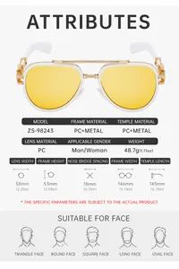 Detailed size chart for pilot sunglasses featuring frame dimensions and lens specifications