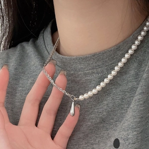 925 Sterling Silver Necklace White Artificial Pearl Asymmetric Chain Teardrop Waterdrop Pendant Minimalist Elegant Jewelry For Women