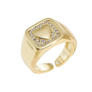 18K gold plated heart ring with square zircon halo and adjustable open band design