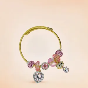 Heart Charm Beaded Bracelet Stainless Steel Gold Plated Twisted Wire Adjustable Cuff Bangle Women Rhinestone Jewelry
