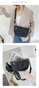 Crossbody bag interior view with adjustable striped strap and spacious storage capacity