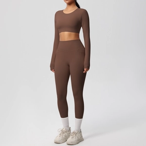Women's 2-piece coffee brown yoga set with long sleeve crop top and high waist side pocket leggings