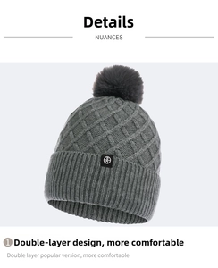 Detail of grey knitted beanie featuring thick double-layer fabric and faux fur pompom