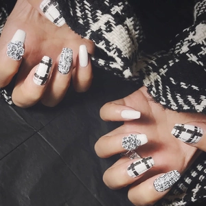 Elegant black and white tweed nail stickers with 3D camellia flower and pearl details