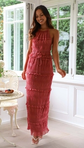 Detail of mauve sleeveless chiffon maxi dress with pleated texture and halter neckline