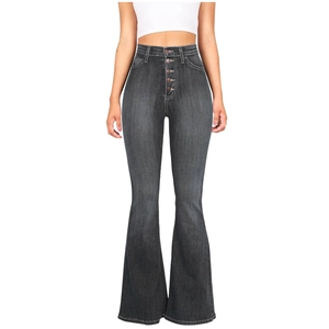 Detail of high waisted flared denim jeans in dark grey with multi-button closure
