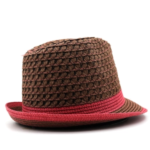 British style straw sun hat with two-tone weave and pink band for summer beach wear