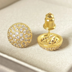 Golden round pave-set cubic zirconia stud earrings with micro-inlaid stones for women