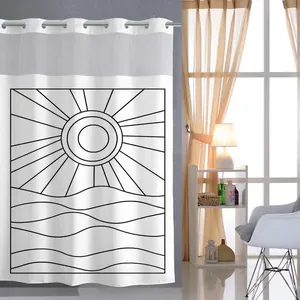 White waffle weave shower curtain with minimalist sun and wave art and metal rings