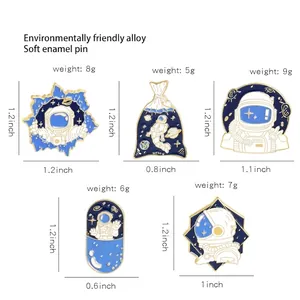 Cartoon astronaut enamel pins set in various space poses with detailed size and weight specs