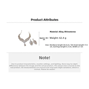 Detailed size chart for rhinestone drop necklace and earrings set in golden finish