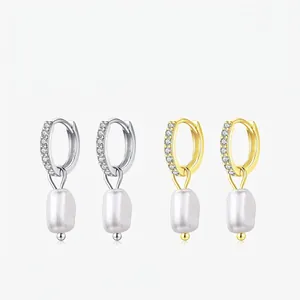 925 Sterling Silver Artificial Baroque Pearl Hoop Earrings With Sparkling Cubic Zirconia For Women Elegant Vintage Jewelry Gift