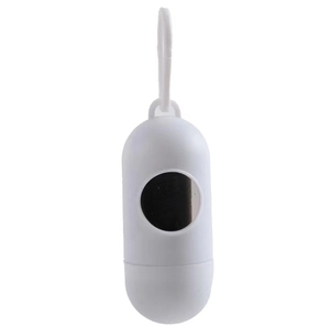Detail of white pill-shaped pet waste bag dispenser with portable hook and black refill bags