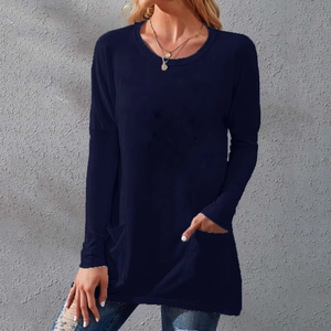 Navy blue loose fit long sleeve T-shirt with crew neck and front pockets