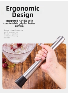 Close-up of stainless steel cocktail muddler with black textured head for crushing fruit and ice