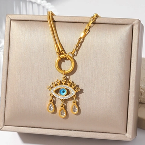 Evil Eye Pendant Necklace Stainless Steel Tassel Star Rhinestone Zircon Water Drop Dainty Jewelry For Women