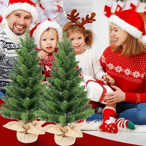Miniature Christmas trees with burlap bases shown in a cozy home holiday setting
