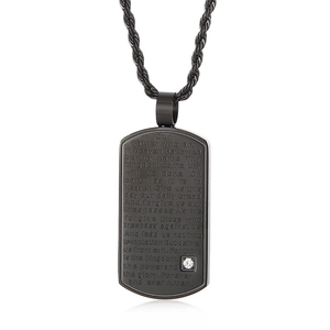Collier plaque militaire minimaliste en acier inoxydable noir avec gravure et cristal