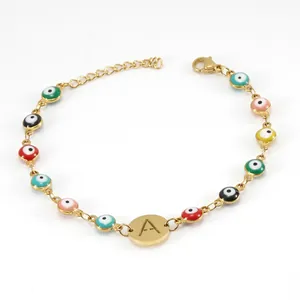 Evil Eye Bracelet 18K Gold Plated Stainless Steel Colorful Enamel Initial Letter Round Charm Fashion Jewelry For Women