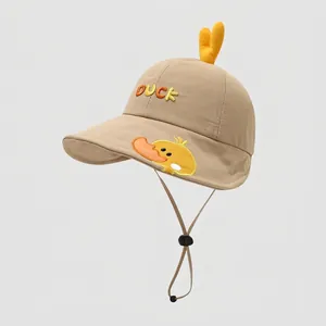 Detail of khaki cotton kids sun hat with duck embroidery and adjustable windproof strap