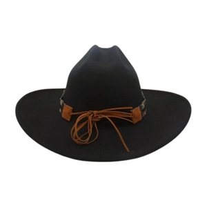 Detail of black felt cowboy hat with colorful ethnic woven band and brown leather tassels