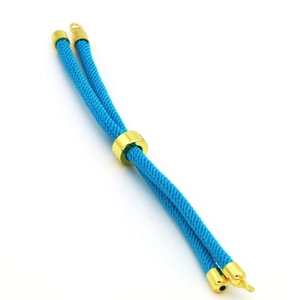 Detail of lake blue braided cord with adjustable gold metal slide clasp for DIY jewelry