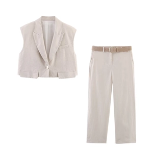 Femmes Décontracté Mélange Coton Lin Gilet Et Pantalon Large Sans Manches Col À Revers Gilet Pantalon Droit Ceinturé Beige