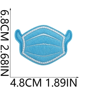 Detail showing the 6.8x4.8cm blue face mask embroidered patch with dimensions