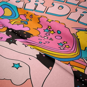 Close-up of thick flannel wall tapestry featuring vibrant psychedelic pop art prints