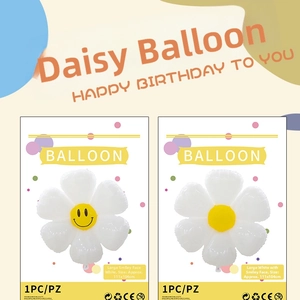 Detail of white daisy foil balloon packaging showing size 111x104cm and smiley face design