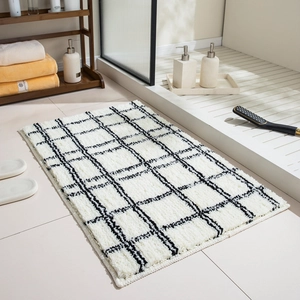 Absorbent Bathroom Floor Mat Flocking Polyester Non-Slip Grid Pattern Rug For Shower Kitchen Entryway Quick Dry Soft