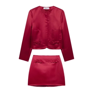 Elegant Satin Women Bow Decor Round Neck Long Sleeve Jacket And Mini Skirt Sweet Festive Outfit
