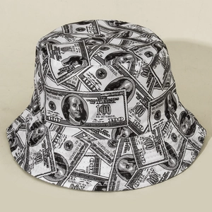 Streetwear bucket hat with black and white dollar bill print for sun protection