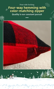 Detail of red and black plaid pillow cover with invisible zipper and four-side locking edges