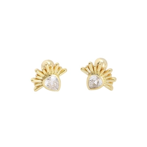 Pair of gold sun-shaped S925 silver stud earrings with teardrop zirconia stone center