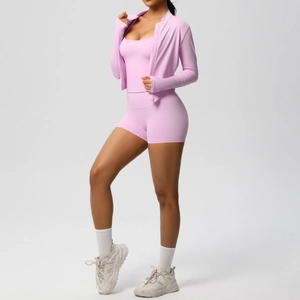 Three-piece yoga set detailing high-waisted shorts and stand collar jacket with thumb holes