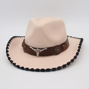 Beige western cowboy hat with leather band, bull head metal ornament and wavy black edge