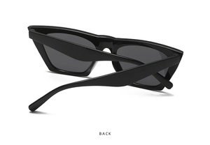 Rear view of trendy black square sunglasses showing frame hinge and temple curvature