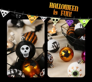 Detail of Halloween decorative balls with skull, witch and eyeball patterns in a mesh basket